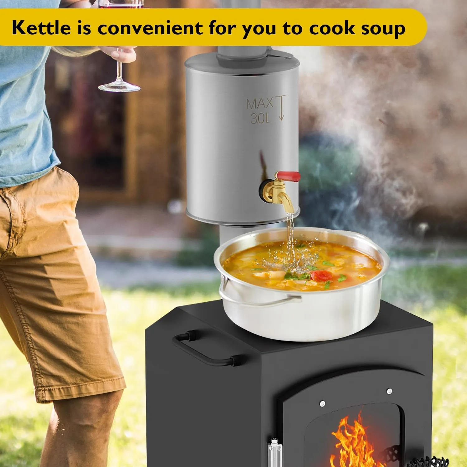 HOPUBUY Wood Stove with Kettle, Portable Hot Tent Stove for Outdoor Cooking, Camping Wood Burning Stove with 6 Stainless Chimney Pipes, Larger Heating Range