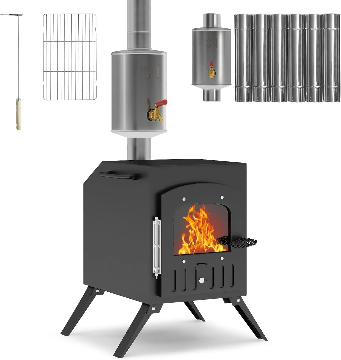 HOPUBUY Wood Stove with Kettle, Portable Hot Tent Stove for Outdoor Cooking, Camping Wood Burning Stove with 6 Stainless Chimney Pipes, Larger Heating Range