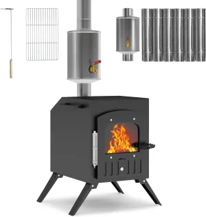 HOPUBUY Wood Stove with Kettle, Portable Hot Tent Stove for Outdoor Cooking, Camping Wood Burning Stove with 6 Stainless Chimney Pipes, Larger Heating Range