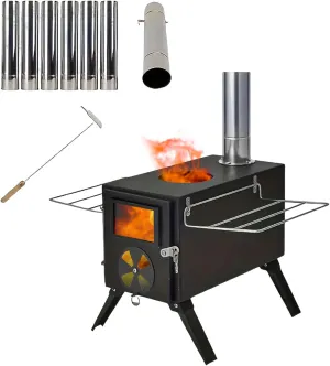 Hot Tent Stove, Wood Burning Stove Portable Carbon Steel Tent Stove Camping Wood Stove with 7 Chimney Pipes for Tent, Camping, Ice-Fishing, Travel