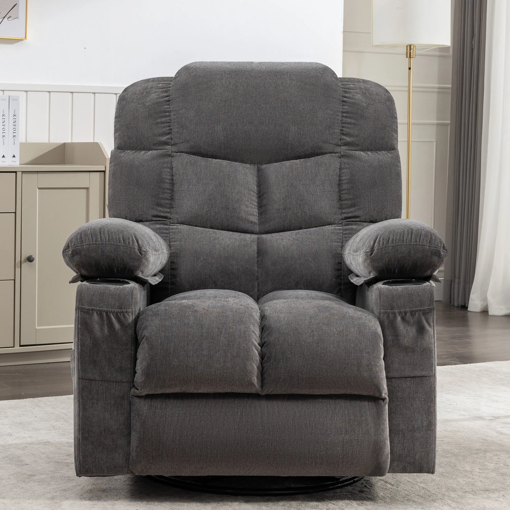 HSUNNS Manual Recliner Chair, Swivel Recliner Chair with Heat and Massage Function, USB and Cup Holders, Elderly Single Fabric Recliner Rocker Sofa for Living Room Bedroom Home Theater, Brown