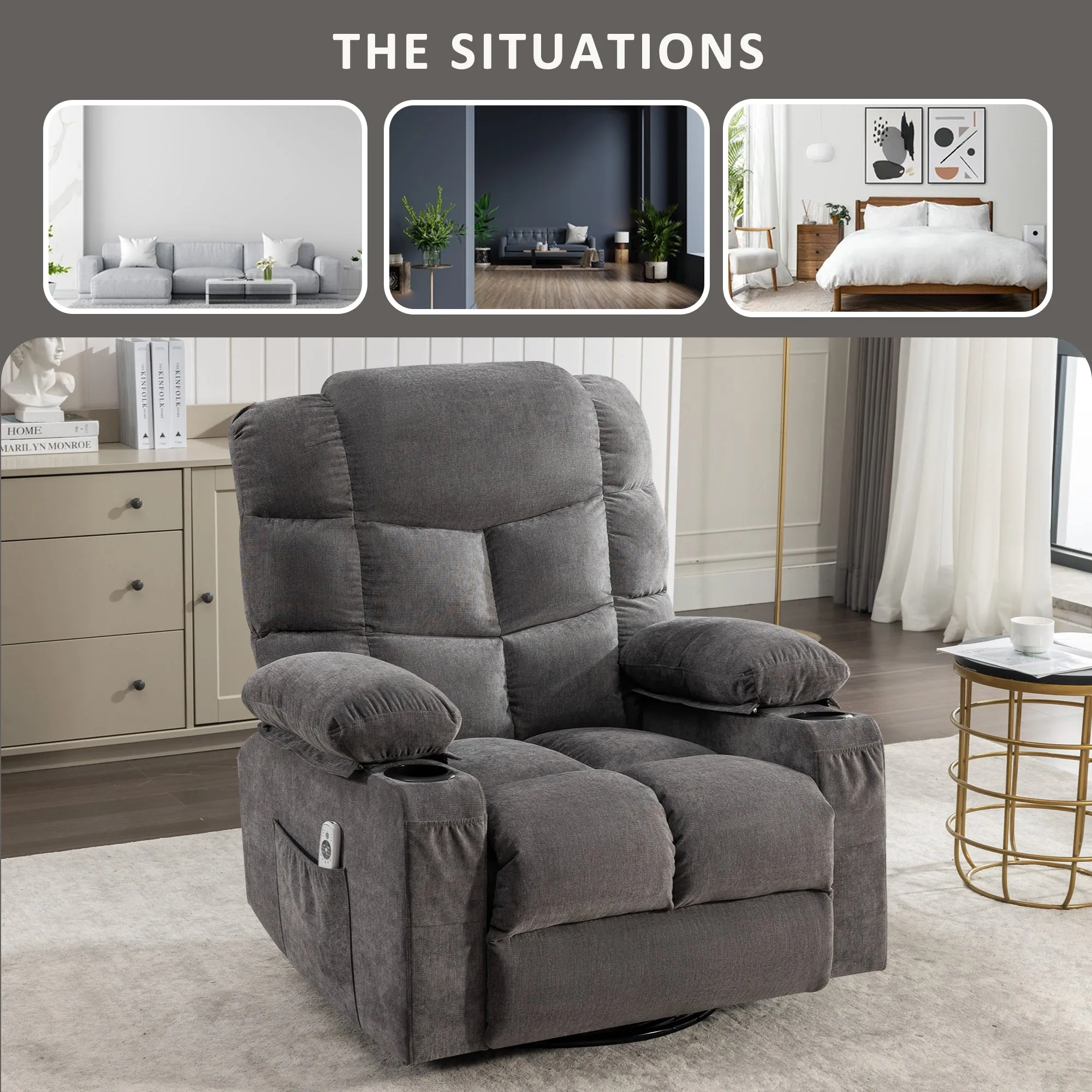 HSUNNS Manual Recliner Chair, Swivel Recliner Chair with Heat and Massage Function, USB and Cup Holders, Elderly Single Fabric Recliner Rocker Sofa for Living Room Bedroom Home Theater, Brown