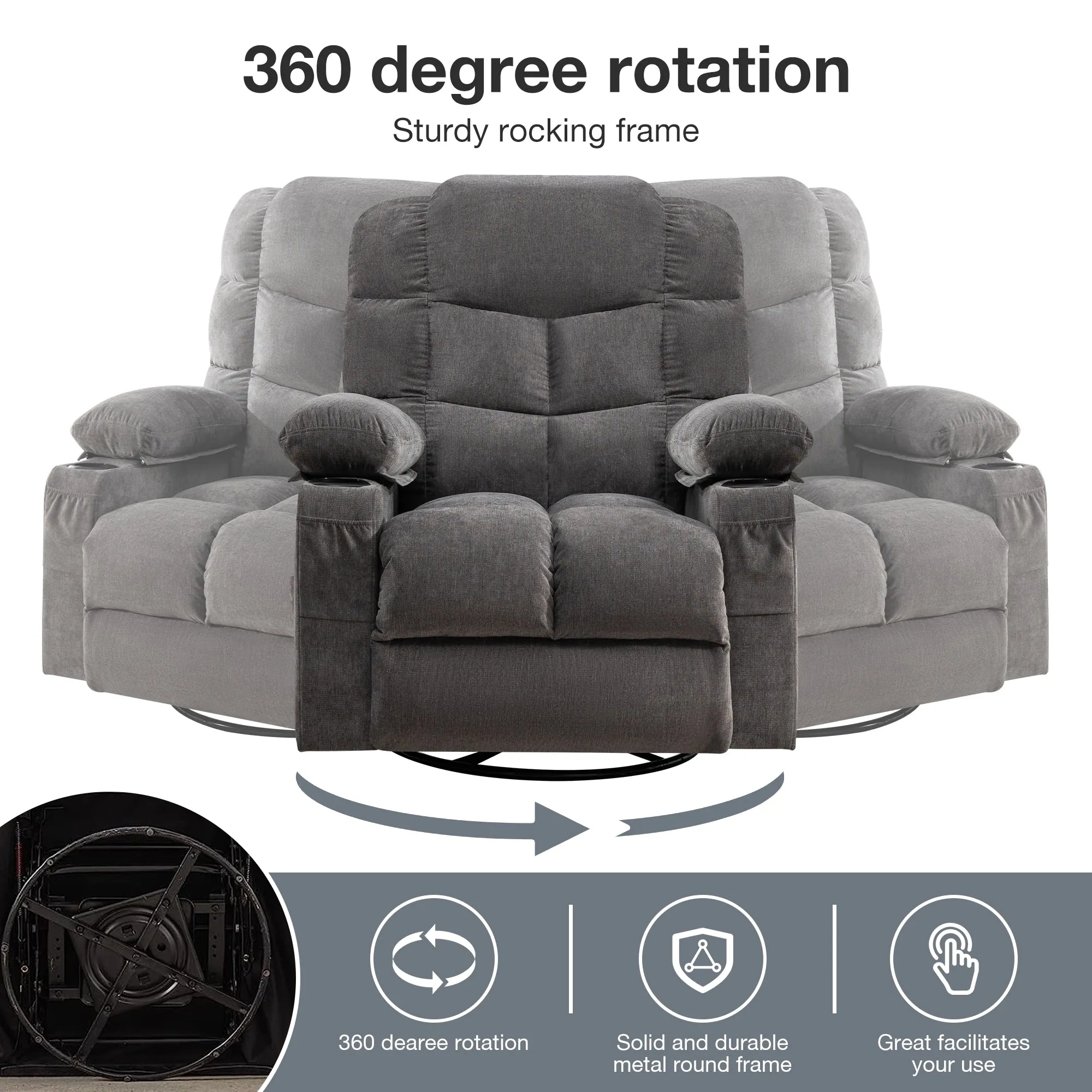 HSUNNS Manual Recliner Chair, Swivel Recliner Chair with Heat and Massage Function, USB and Cup Holders, Elderly Single Fabric Recliner Rocker Sofa for Living Room Bedroom Home Theater, Brown