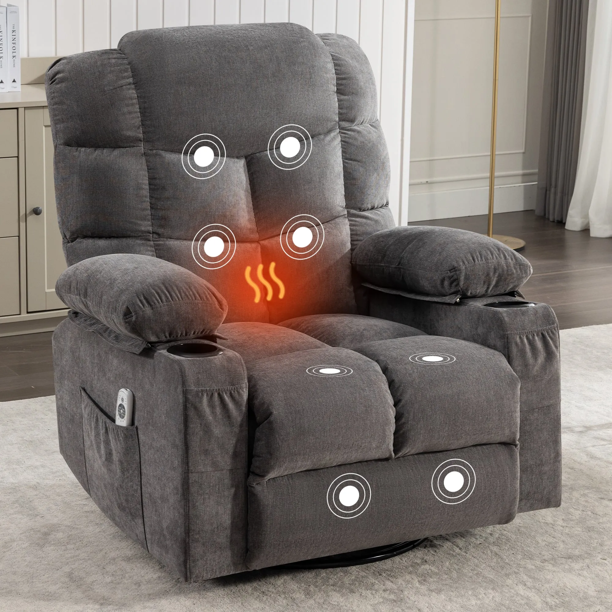 HSUNNS Manual Recliner Chair, Swivel Recliner Chair with Heat and Massage Function, USB and Cup Holders, Elderly Single Fabric Recliner Rocker Sofa for Living Room Bedroom Home Theater, Brown