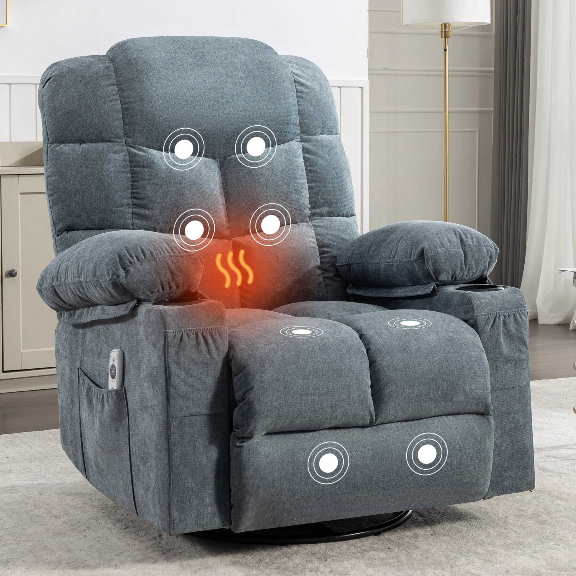 HSUNNS Manual Recliner Chair, Swivel Recliner Chair with Heat and Massage Function, USB and Cup Holders, Elderly Single Fabric Recliner Rocker Sofa for Living Room Bedroom Home Theater, Brown
