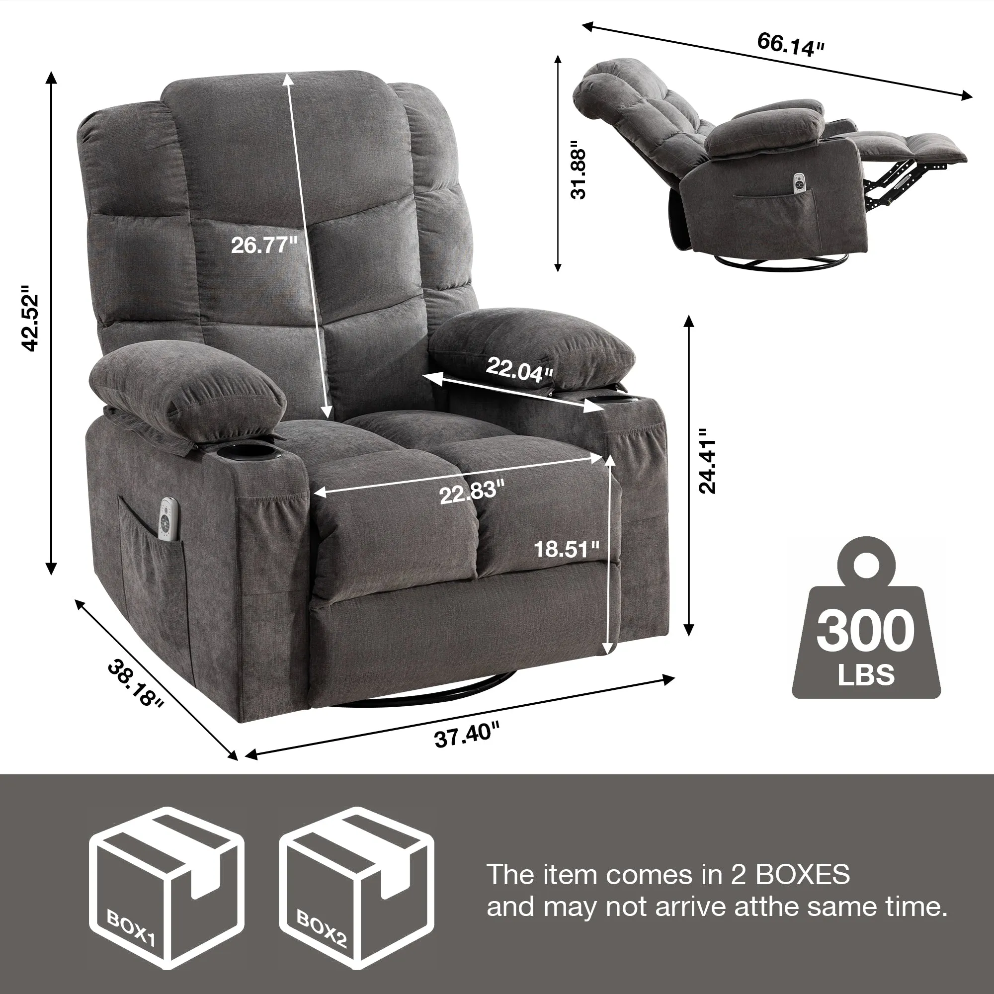 HSUNNS Manual Recliner Chair, Swivel Recliner Chair with Heat and Massage Function, USB and Cup Holders, Elderly Single Fabric Recliner Rocker Sofa for Living Room Bedroom Home Theater, Brown