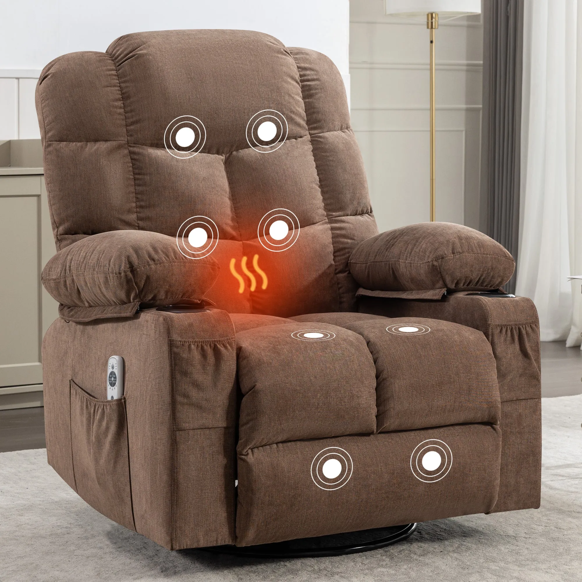 HSUNNS Manual Recliner Chair, Swivel Recliner Chair with Heat and Massage Function, USB and Cup Holders, Elderly Single Fabric Recliner Rocker Sofa for Living Room Bedroom Home Theater, Brown