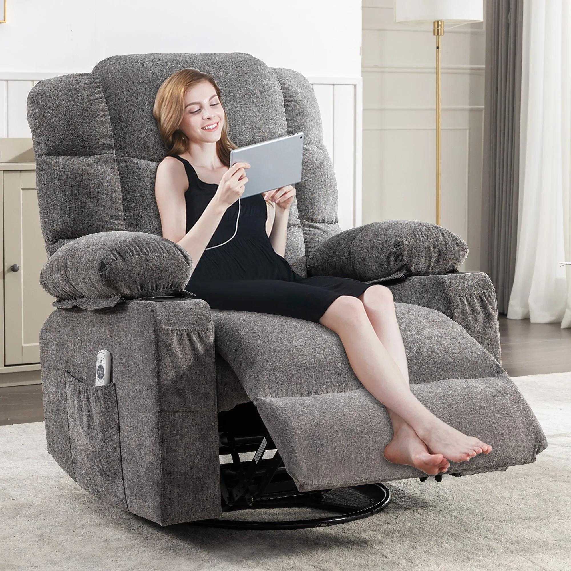HSUNNS Manual Recliner Chair, Swivel Recliner Chair with Heat and Massage Function, USB and Cup Holders, Elderly Single Fabric Recliner Rocker Sofa for Living Room Bedroom Home Theater, Brown