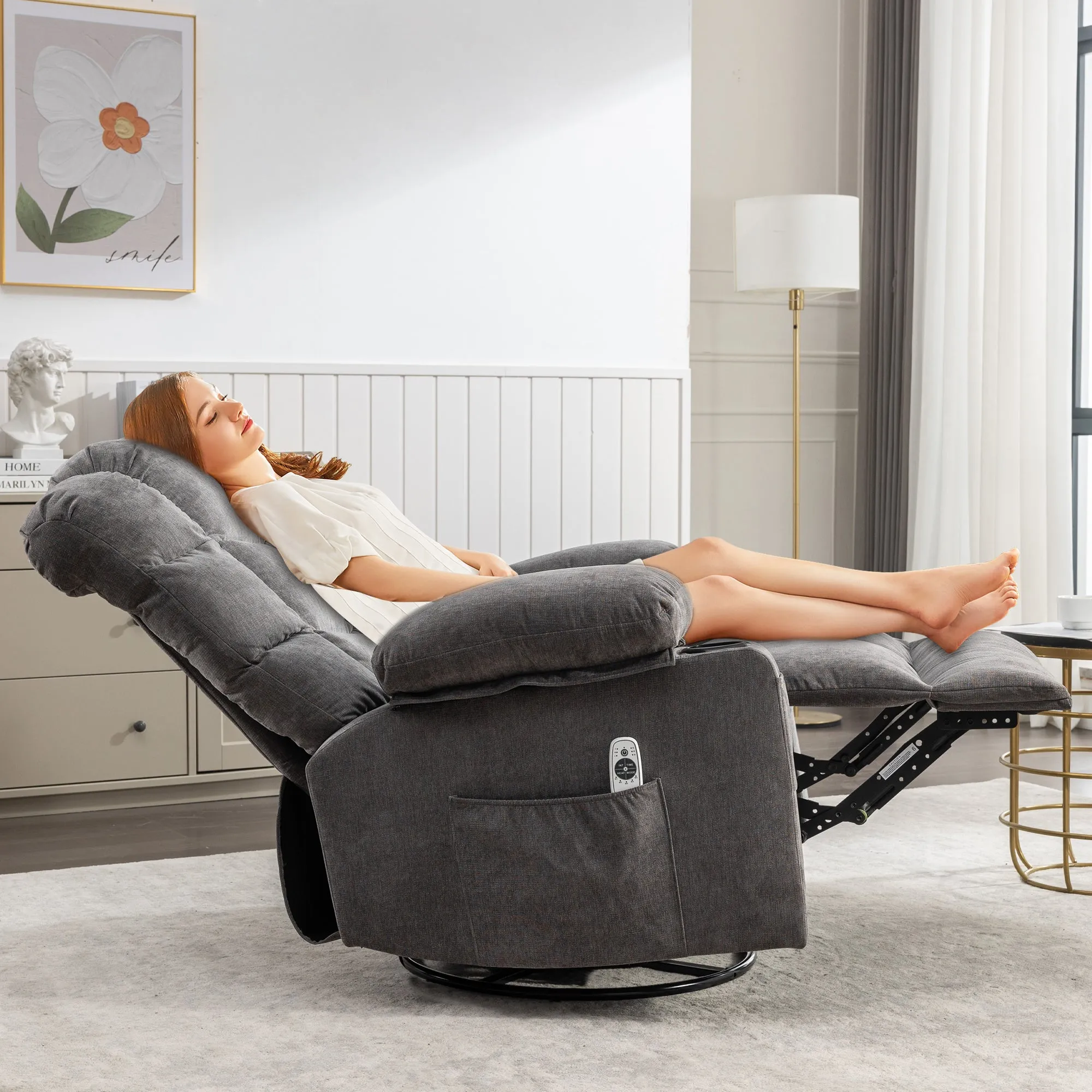 HSUNNS Manual Recliner Chair, Swivel Recliner Chair with Heat and Massage Function, USB and Cup Holders, Elderly Single Fabric Recliner Rocker Sofa for Living Room Bedroom Home Theater, Brown