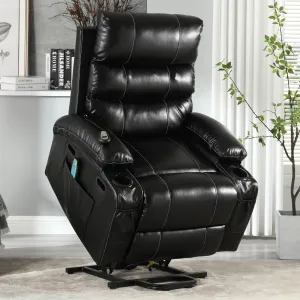 HSUNNS Power Lift Recliner Chair, Modern Electric PU Leather Recliners with Heat and Massage, Elderly Sofa with Side Pocket and Cup Holders for Bedroom Home Theater, Remote Control, Black