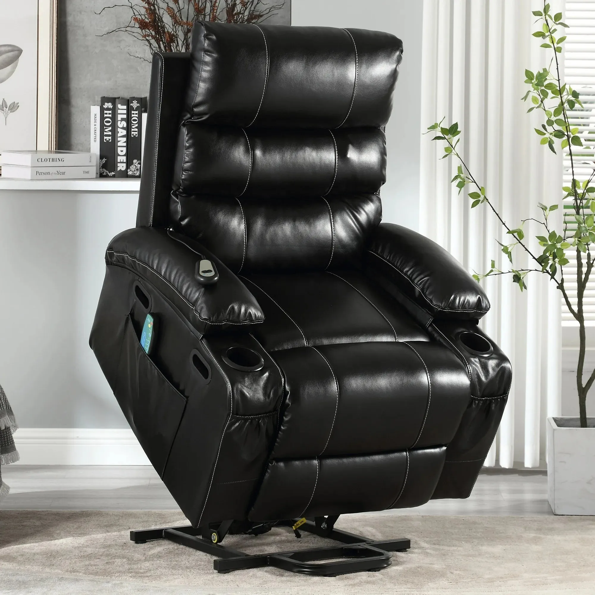 HSUNNS Power Lift Recliner Chair, Modern Electric PU Leather Recliners with Heat and Massage, Elderly Sofa with Side Pocket and Cup Holders for Bedroom Home Theater, Remote Control, Black