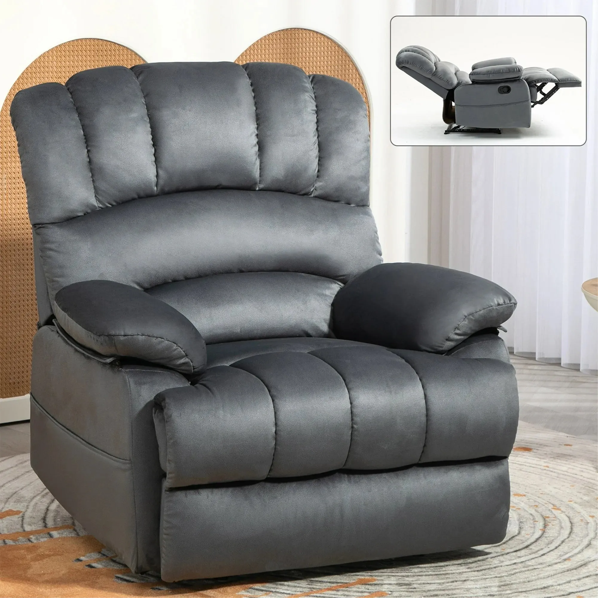 HSUNNS Recliner Chair, Modern Large Ergonomic Lounge Recliner with Side Pocket for Adults and Elderly, Single Manual Fabric Sofa for Living Room Home Theater, Gray