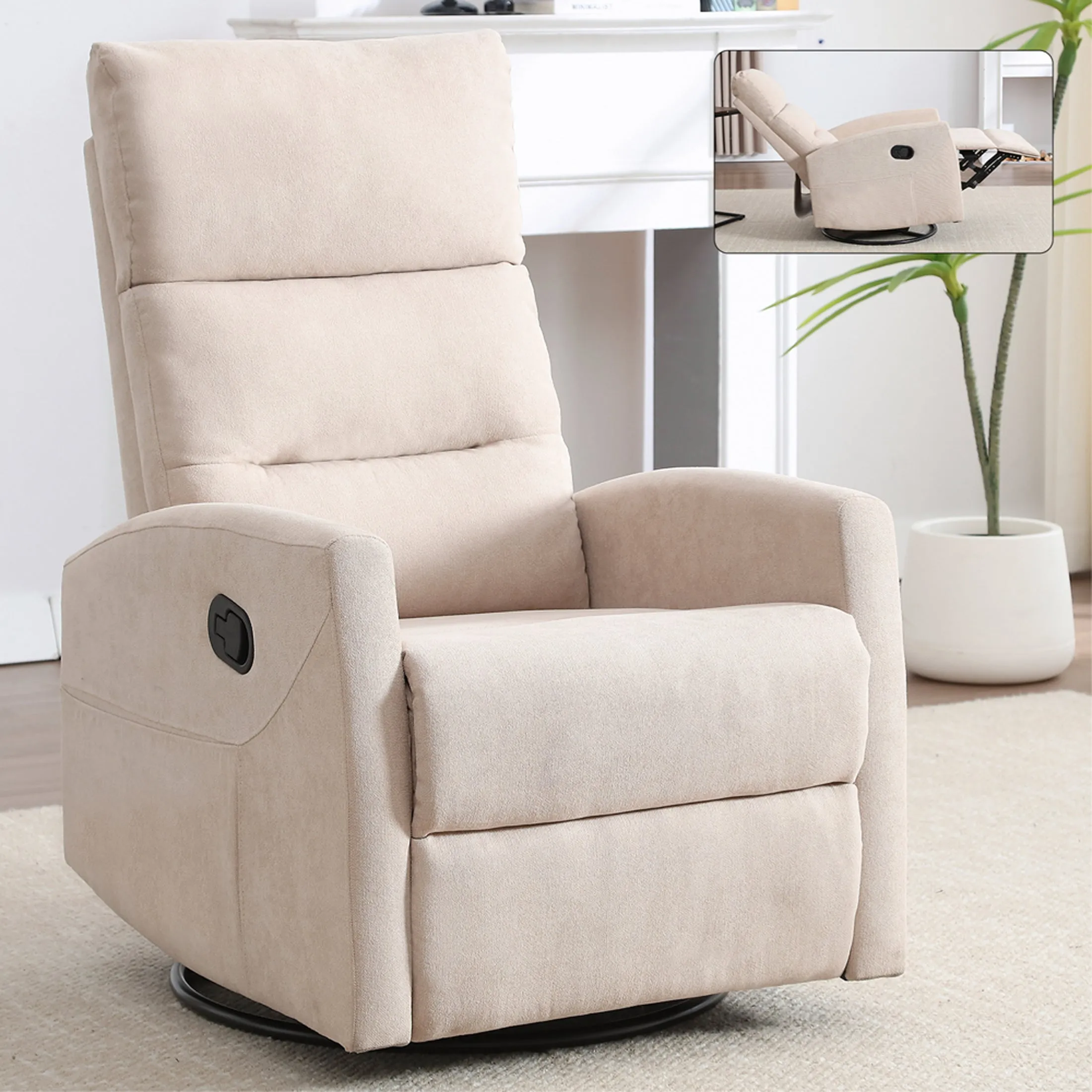 HSUNNS Swivel Rocker Recliner Chair for Adults, Manual Reclining Chair with Side Pocket, Living Room Chair 360 Degree Swivel Single Sofa, Fabric Recliner for Home Theater, Brown