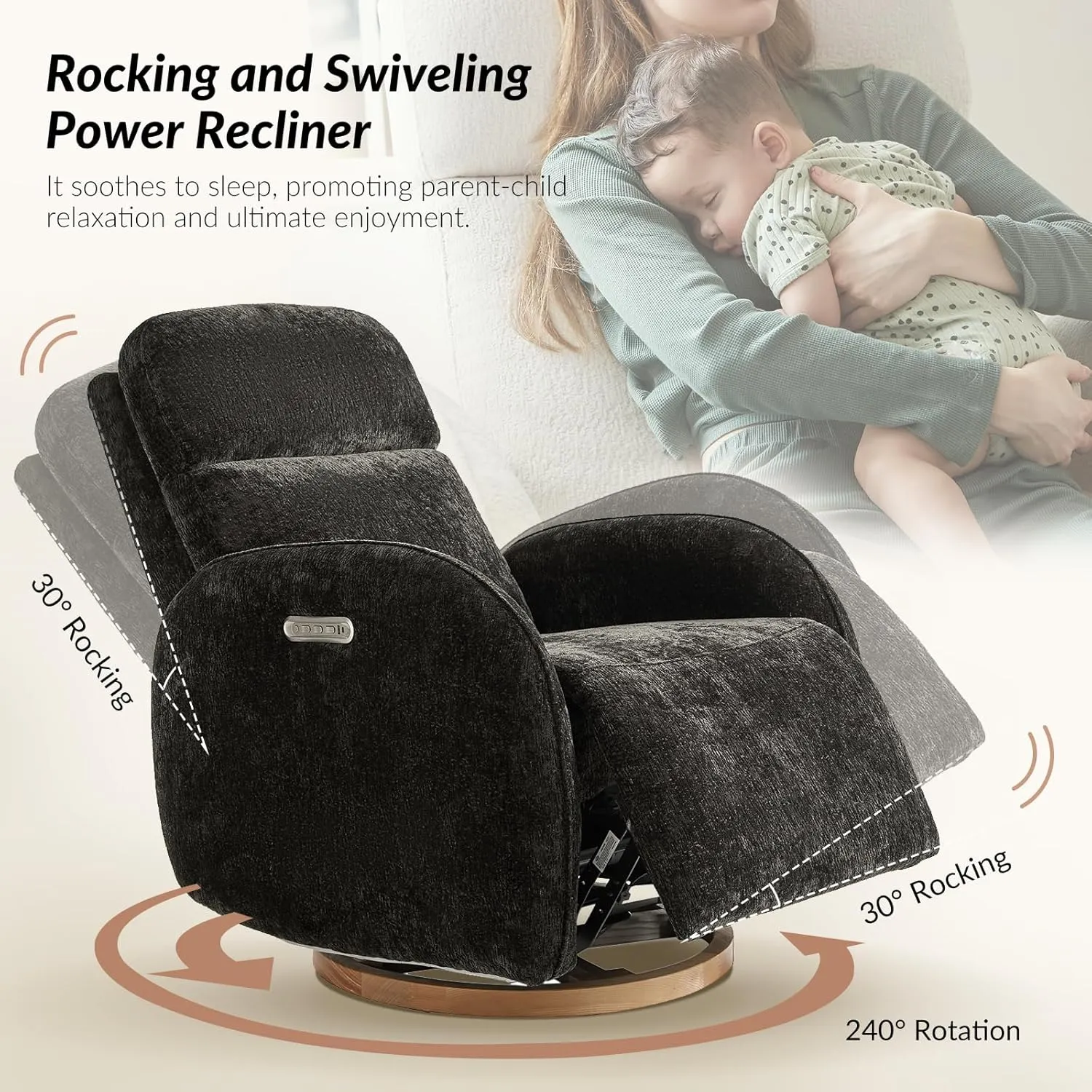 HULALA HOME Glider Recliner Nursery Chair with Adjustable Headrest and Lumbar Support, Modern Power Recliner with USB Port and Nightlight, Swivel Rocker Glider for Nursing Room Bedroom, Black