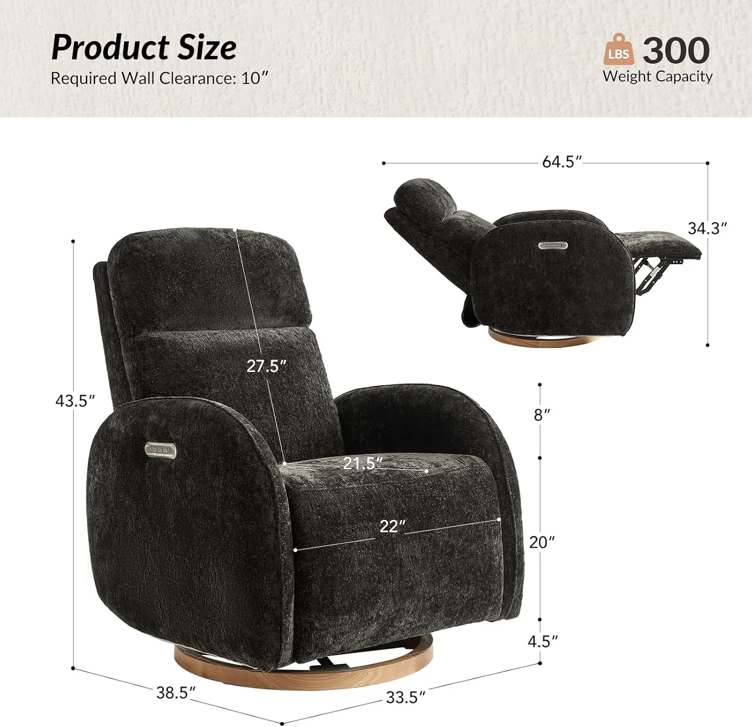 HULALA HOME Glider Recliner Nursery Chair with Adjustable Headrest and Lumbar Support, Modern Power Recliner with USB Port and Nightlight, Swivel Rocker Glider for Nursing Room Bedroom, Black