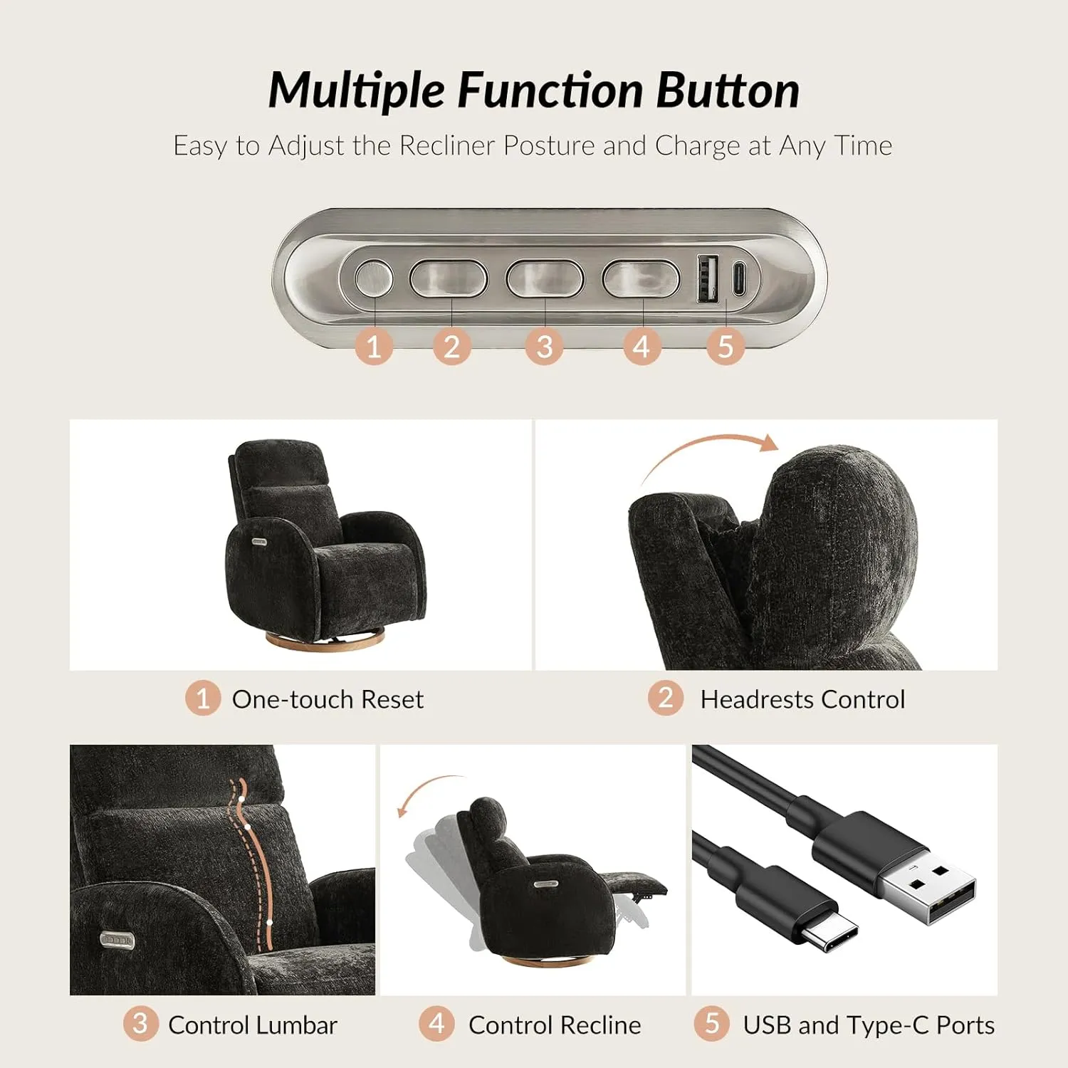 HULALA HOME Glider Recliner Nursery Chair with Adjustable Headrest and Lumbar Support, Modern Power Recliner with USB Port and Nightlight, Swivel Rocker Glider for Nursing Room Bedroom, Black