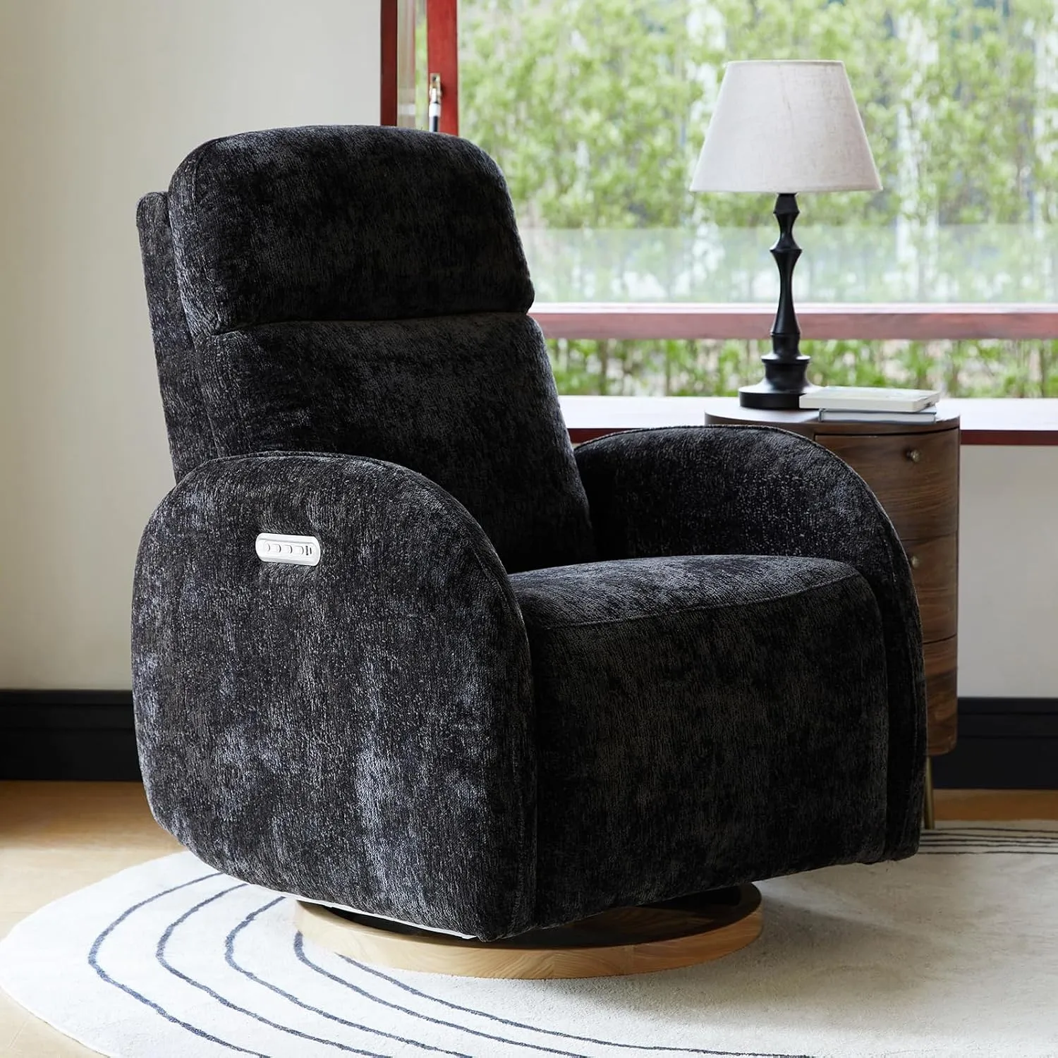 HULALA HOME Glider Recliner Nursery Chair with Adjustable Headrest and Lumbar Support, Modern Power Recliner with USB Port and Nightlight, Swivel Rocker Glider for Nursing Room Bedroom, Black
