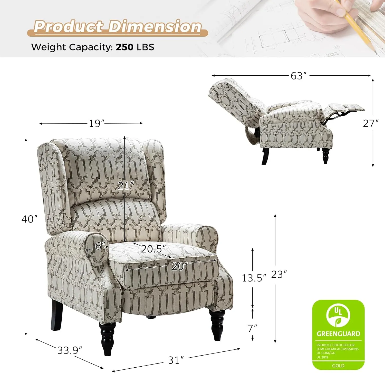 HULALA Home Upholstered Wingback Recliner Chair, Small Adjustable Footrest Push Back Single Reclining Sofa, Mid Century Modern Lounge Armchair for Living Room, Bedroom, Reading/Chain Grey
