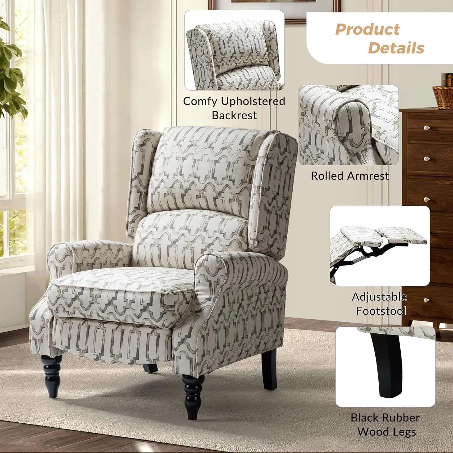 HULALA Home Upholstered Wingback Recliner Chair, Small Adjustable Footrest Push Back Single Reclining Sofa, Mid Century Modern Lounge Armchair for Living Room, Bedroom, Reading/Chain Grey