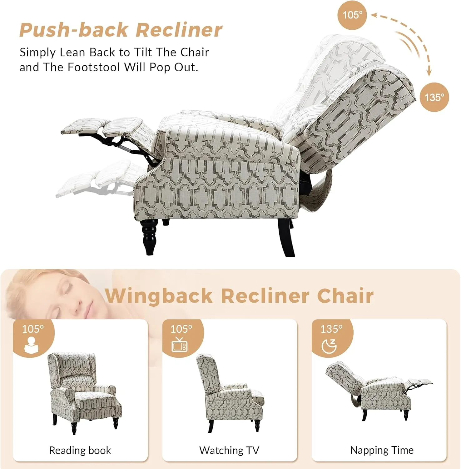 HULALA Home Upholstered Wingback Recliner Chair, Small Adjustable Footrest Push Back Single Reclining Sofa, Mid Century Modern Lounge Armchair for Living Room, Bedroom, Reading/Chain Grey
