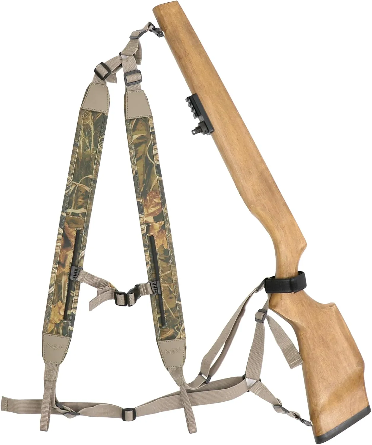 HUNTPAL Backpack Style Hands-Free Rifle Sling Gun Sling for Shotgun Crossbow, Neoprene Padded Hunting Sling Double Shoulder Strap, Universal Camo Backpack Strap for Outdoors