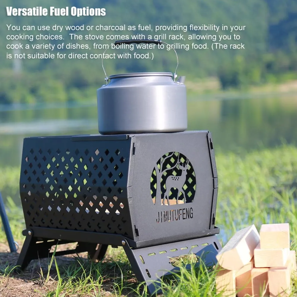 HXBER Campfire Stand Portable Wood Burning Camp Stove Carbon Steel Folding Firewood Stove for Outdoors Cooking Camping Picnic Backpacking Hiking