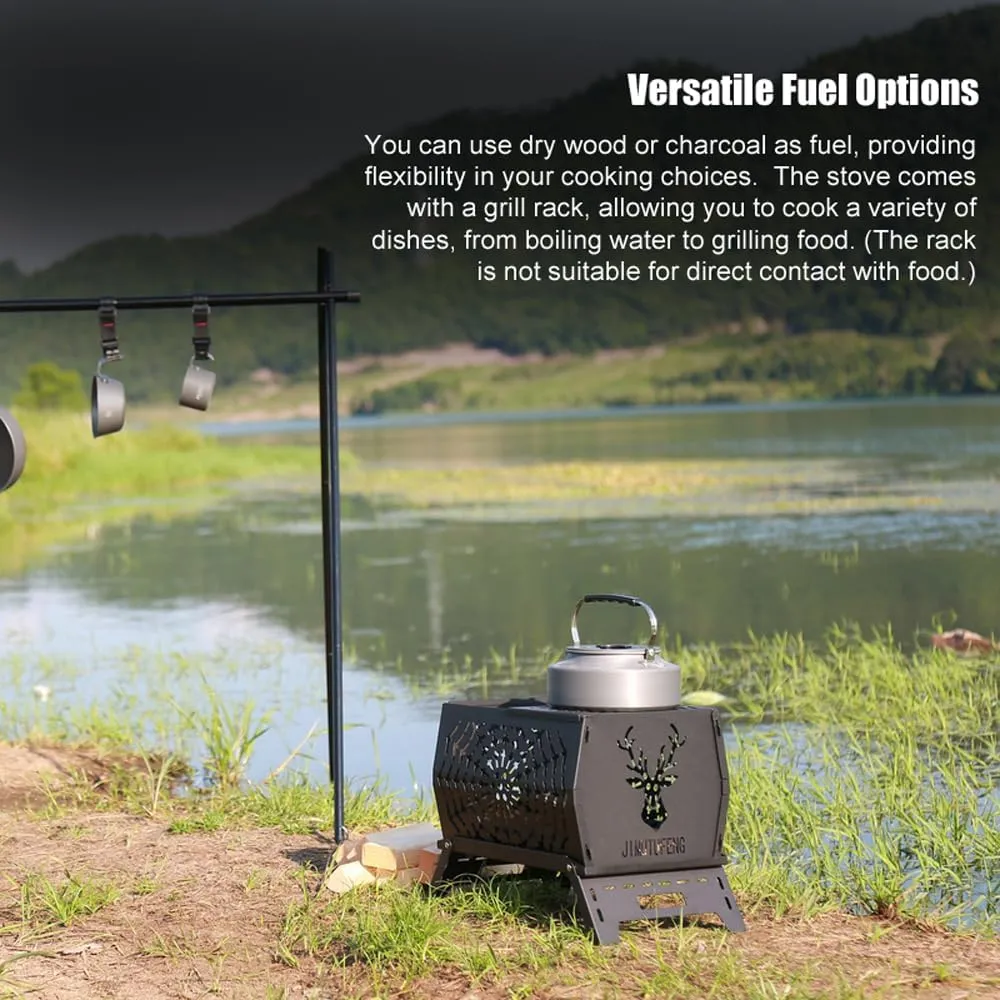 HXBER Campfire Stand Portable Wood Burning Camp Stove Carbon Steel Folding Firewood Stove for Outdoors Cooking Camping Picnic Backpacking Hiking