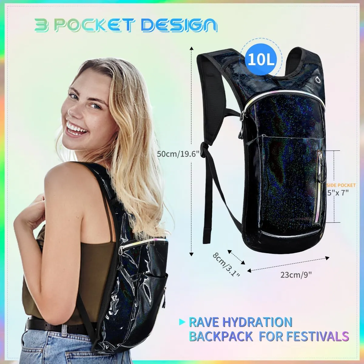 Hydration Backpack with 2L Water Bladder, Raves Water Backpack, Lightweight Insulation Hydration Pack for Men and Women, Suitable for Music Festivals, Raves, Hiking, Activities