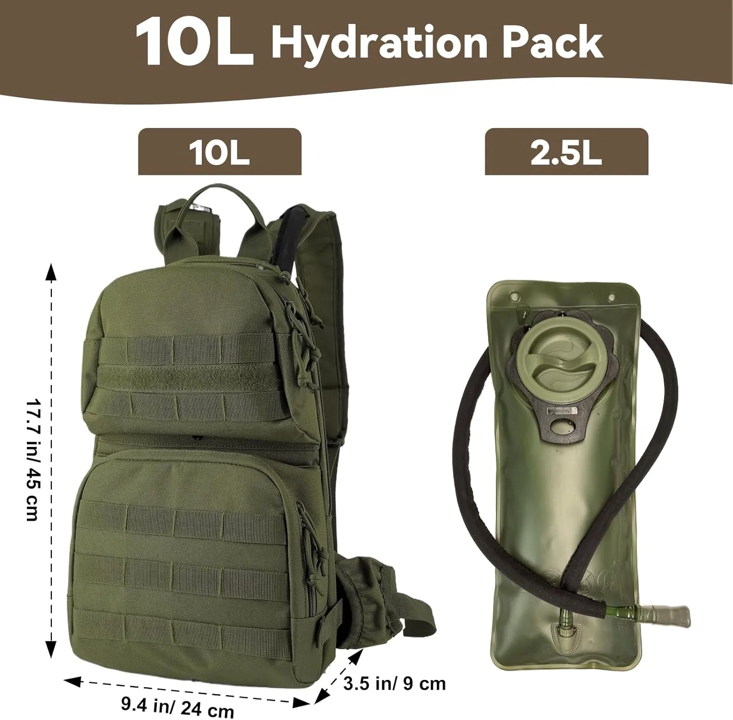 Hydration Pack, 10L Water Backpack with 2.5L Water Bladder, MOLLE System for Outdoor Hiking, Biking, Running, Black