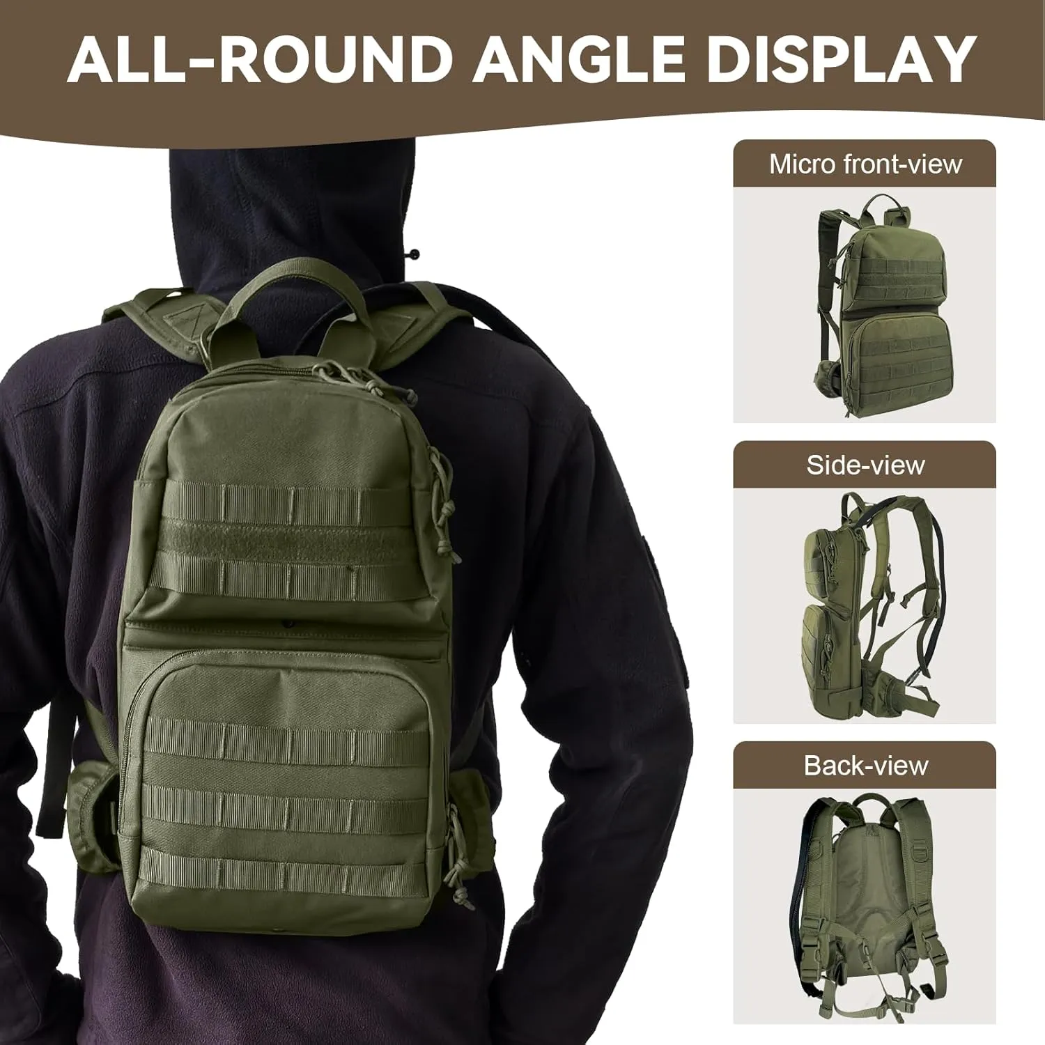 Hydration Pack, 10L Water Backpack with 2.5L Water Bladder, MOLLE System for Outdoor Hiking, Biking, Running, Black