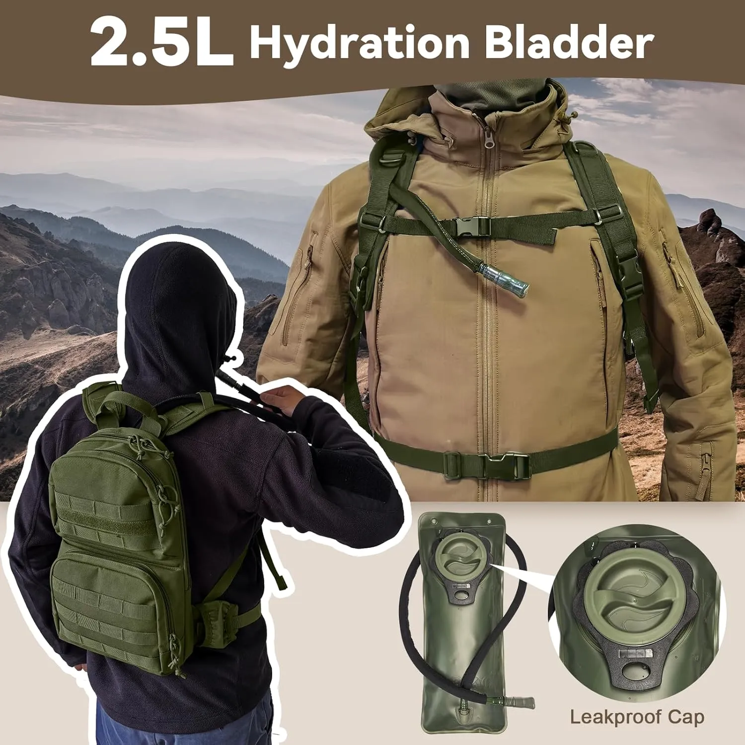 Hydration Pack, 10L Water Backpack with 2.5L Water Bladder, MOLLE System for Outdoor Hiking, Biking, Running, Black