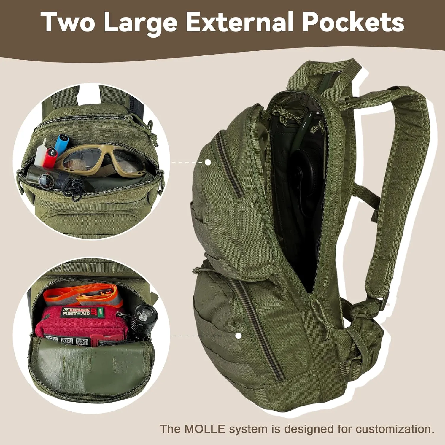 Hydration Pack, 10L Water Backpack with 2.5L Water Bladder, MOLLE System for Outdoor Hiking, Biking, Running, Black