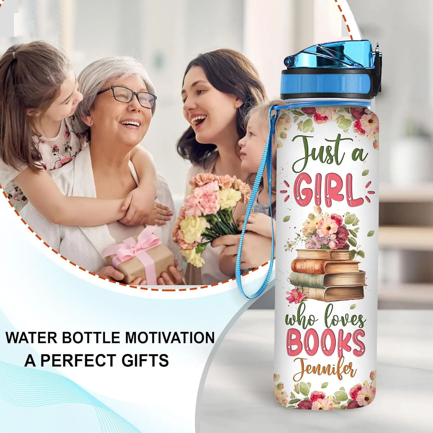 Hyturtle Personalized Book Lovers 32 Oz 1Liter Motivational Water Bottle With Time Marker, Just A Girl Who Loves Books, Reading Gifts, Librarian Gifts For Women, Girl On Birthday, Christmas
