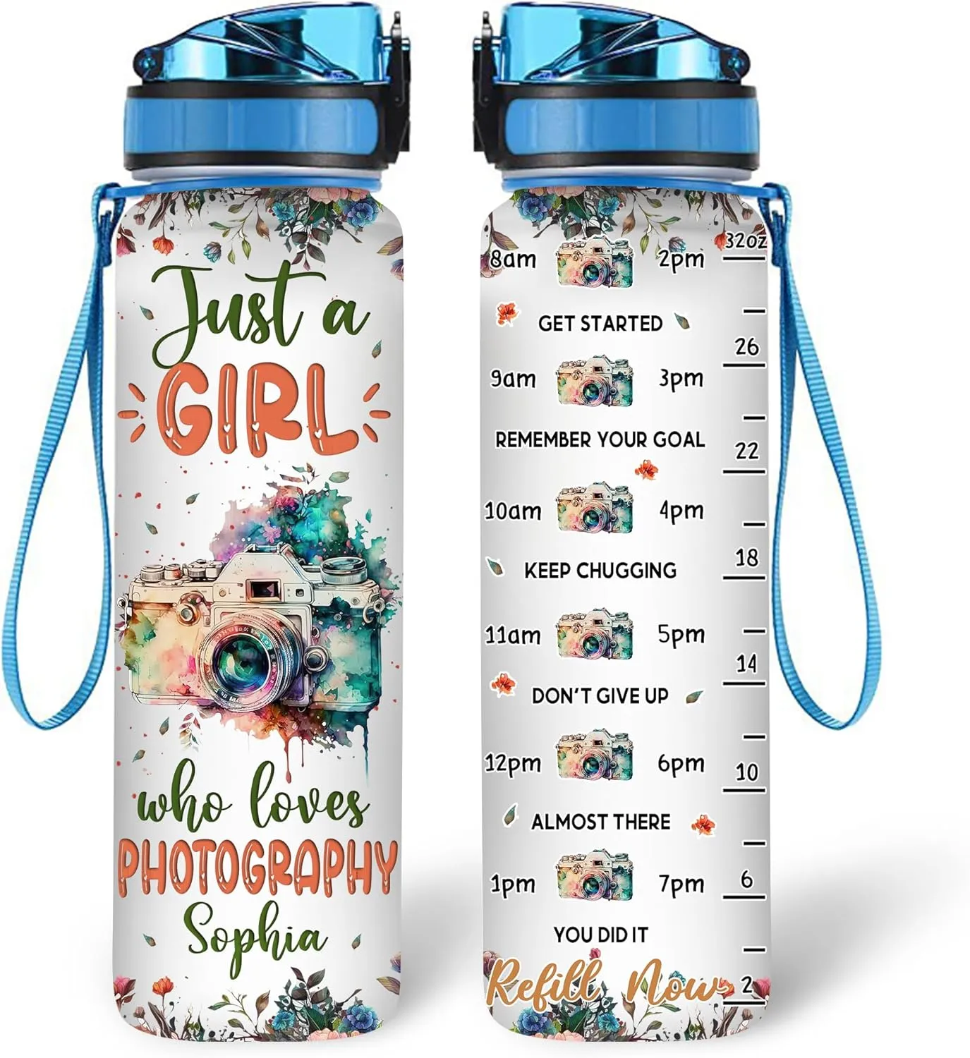 Hyturtle Personalized Photography Lovers 32 Oz 1Liter Motivational Water Bottle With Time Marker, Just A Girl Who Loves Photography, Camera Water Bottle Gifts For Women, Girl On Birthday, Christmas