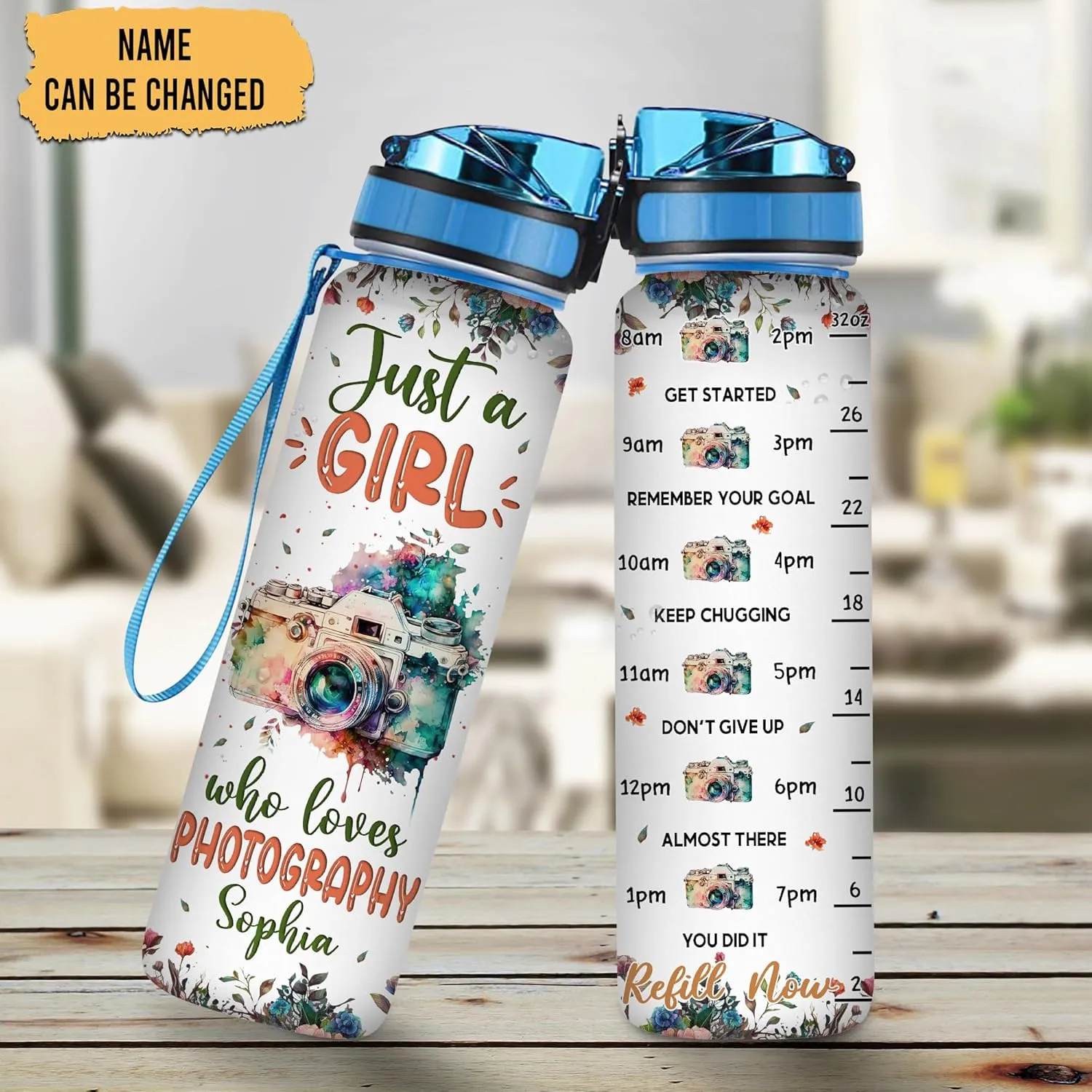 Hyturtle Personalized Photography Lovers 32 Oz 1Liter Motivational Water Bottle With Time Marker, Just A Girl Who Loves Photography, Camera Water Bottle Gifts For Women, Girl On Birthday, Christmas