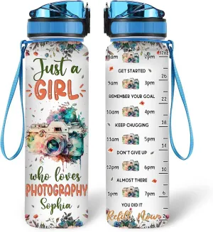 Hyturtle Personalized Photography Lovers 32 Oz 1Liter Motivational Water Bottle With Time Marker, Just A Girl Who Loves Photography, Camera Water Bottle Gifts For Women, Girl On Birthday, Christmas