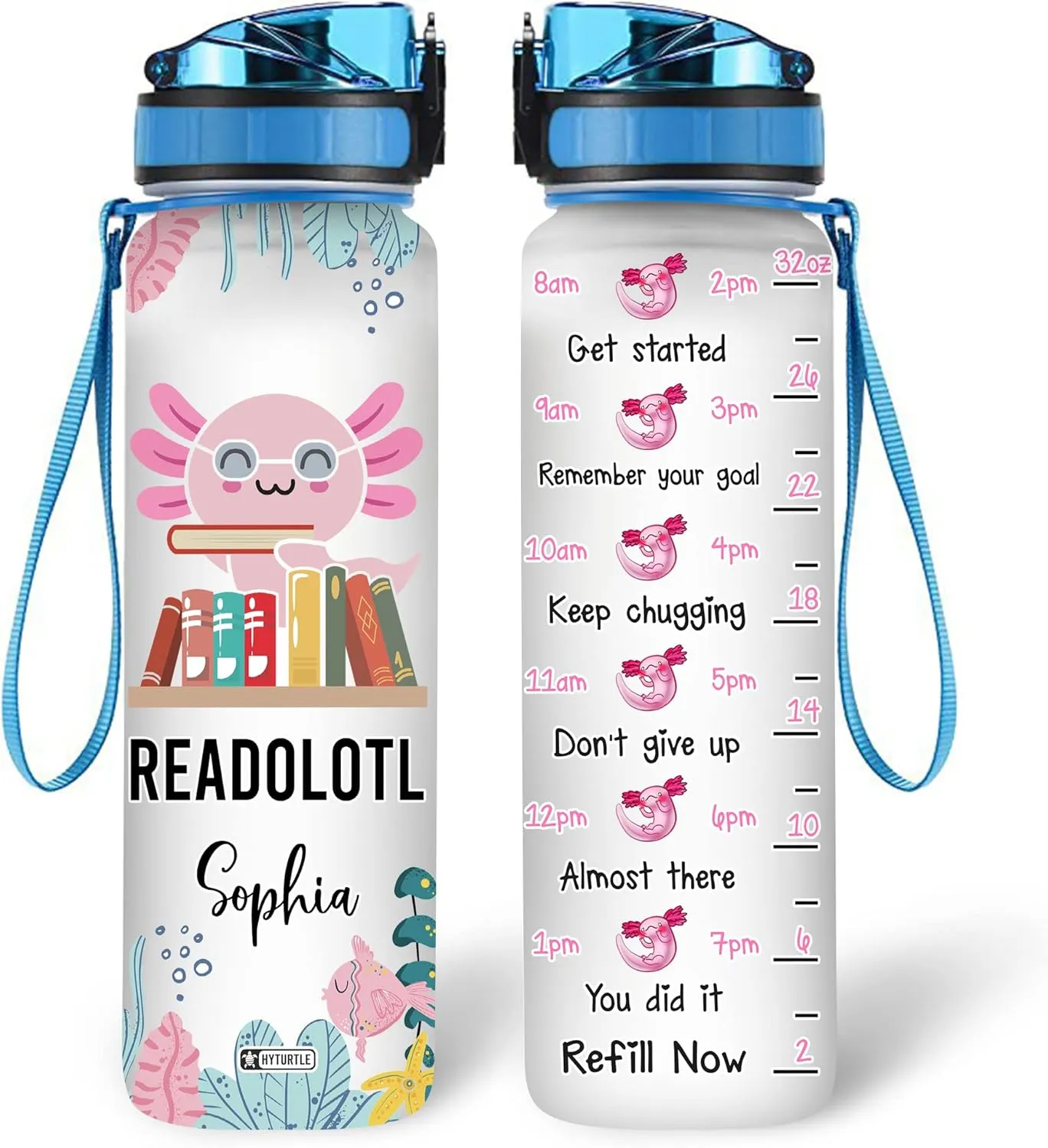 Hyturtle Personalized Readolotl Books 32oz Liter Motivational Water Bottle, Customized Name With Time Marker, Gifts For Women, Girls Kid Friend Family Axolotl Lovers Book Lover On Birthday, Holiday