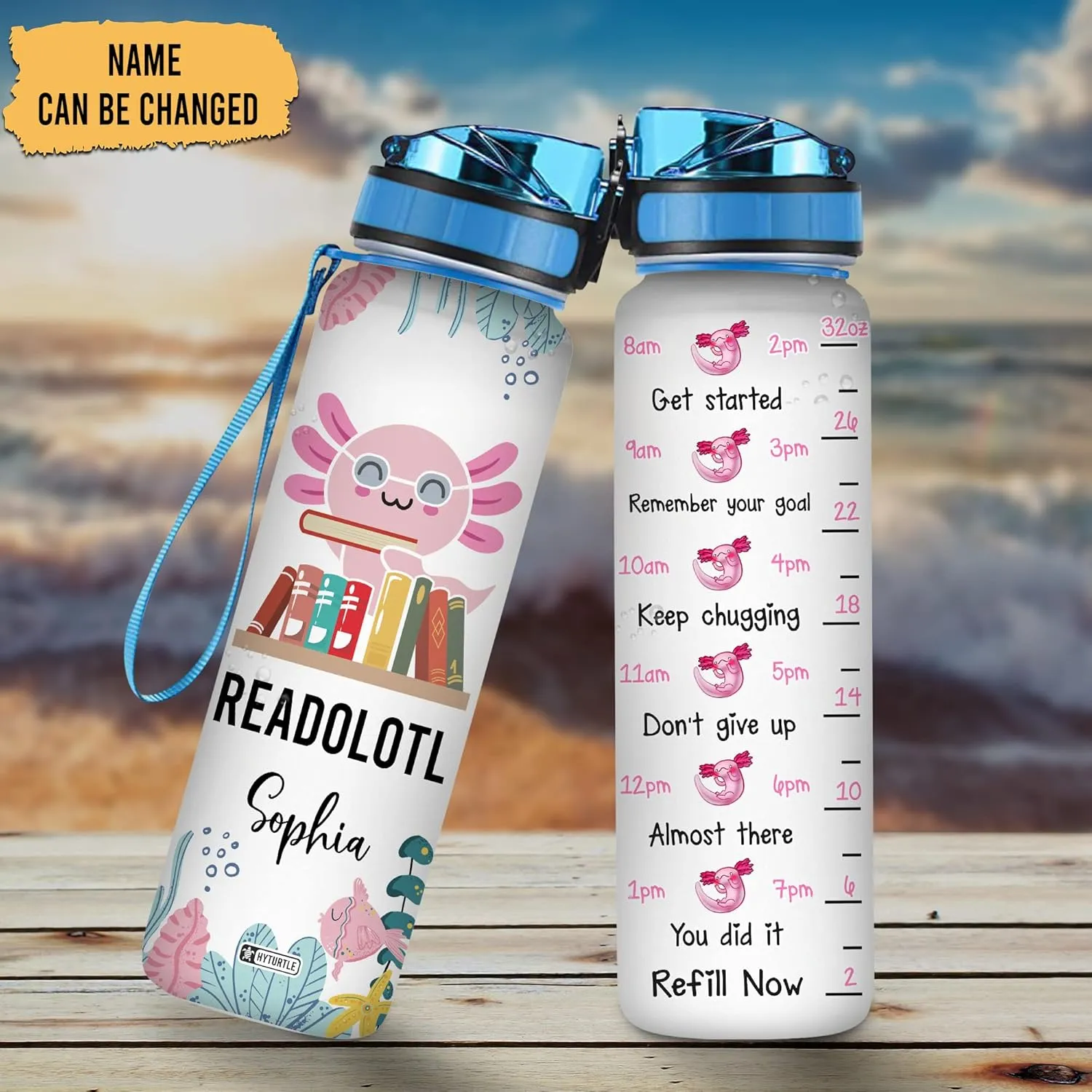 Hyturtle Personalized Readolotl Books 32oz Liter Motivational Water Bottle, Customized Name With Time Marker, Gifts For Women, Girls Kid Friend Family Axolotl Lovers Book Lover On Birthday, Holiday