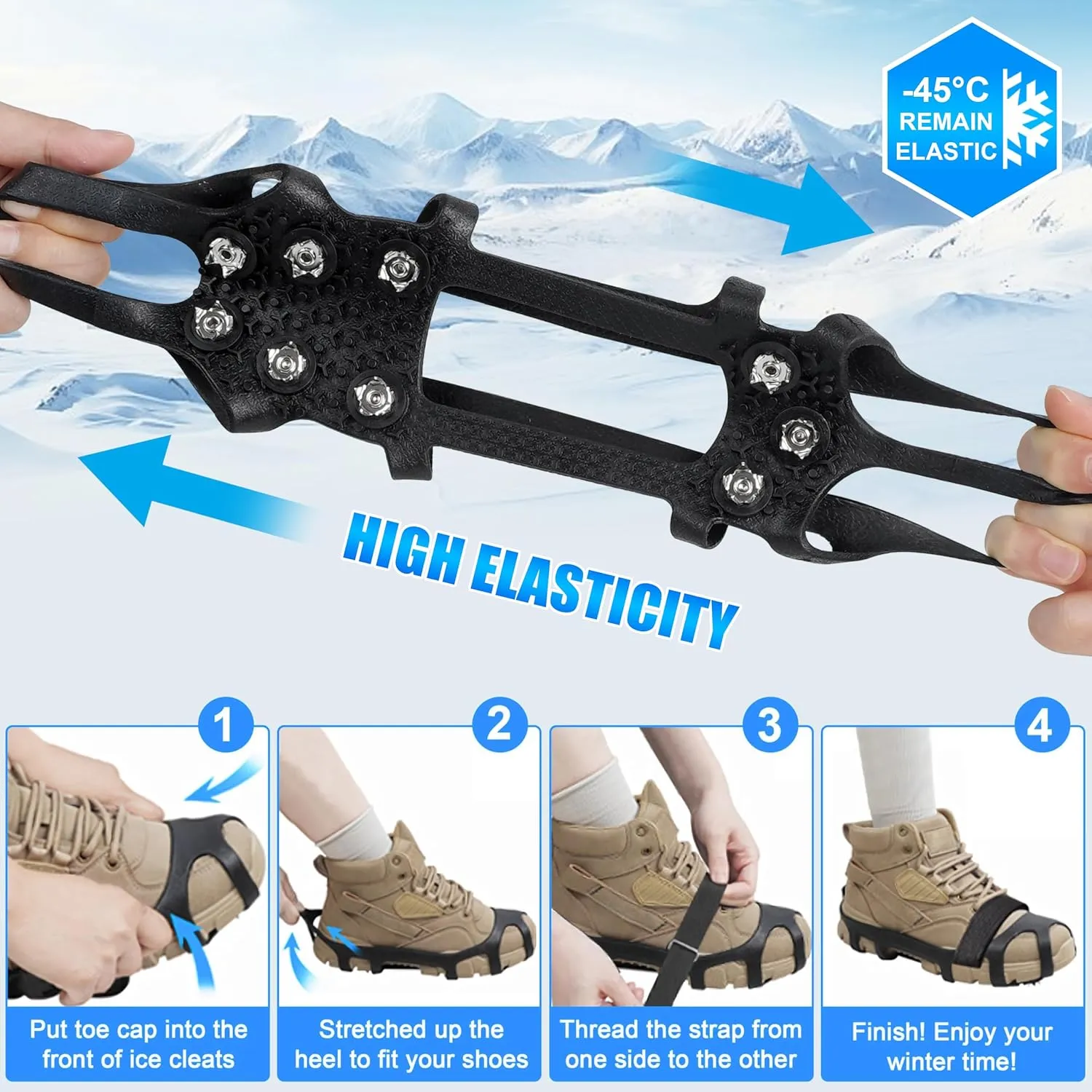 Ice Cleats Crampons for Shoes and Boots Non Slip Ice Grippers 9 Studs Snow Traction Cleat Crampons for Hiking Boots Women Men Winter Walking Hiking Ice Fishing Gear