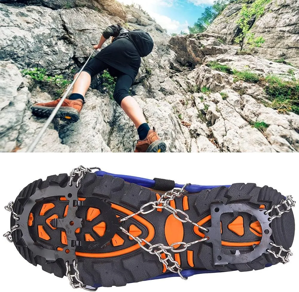 Ice Cleats, Ice Fishing 14 Tooth Anti Skid Crampons, Roofing Shoes Boot Chains Snow Shoes Outdoor Snow Gear for Hiking and Rock Climbing