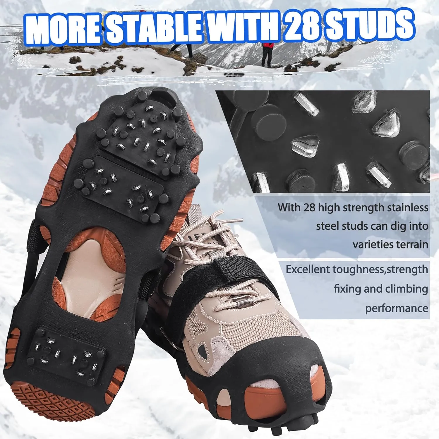Ice Cleats Snow Traction Cleats for Boots and Shoes 28 Studs Ice Crampons for Walking on Snow and Ice Anti Slip Coershoe Rubber Ice Grippers Slip-on Stretch Footwaer