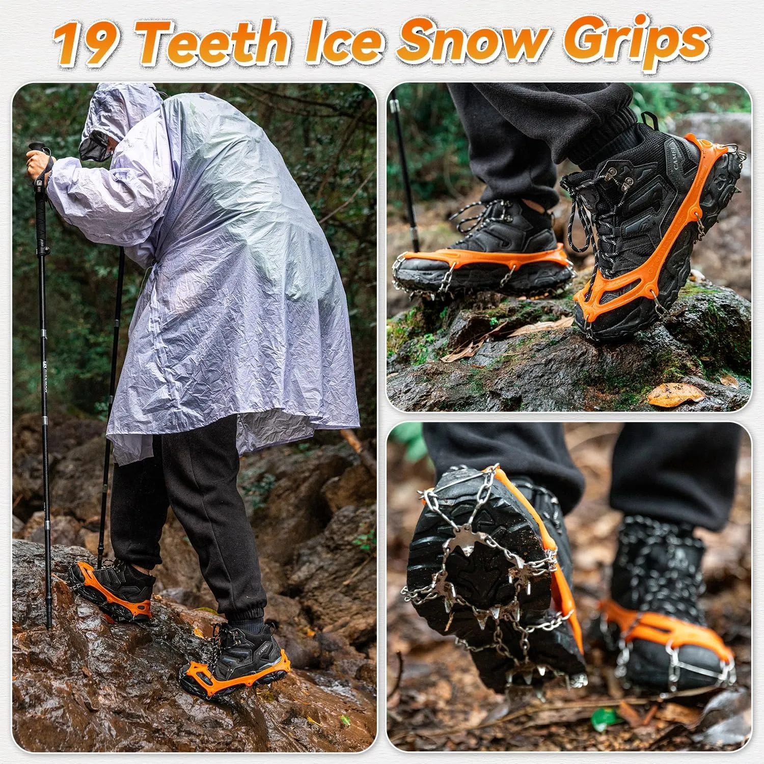 Ice Snow Grips Crampons Traction - 19 Stainless Steel Spikes,Anti Slip Boots Spikes Safe Protect for Hiking Fishing Walking Climbing Mountaineering
