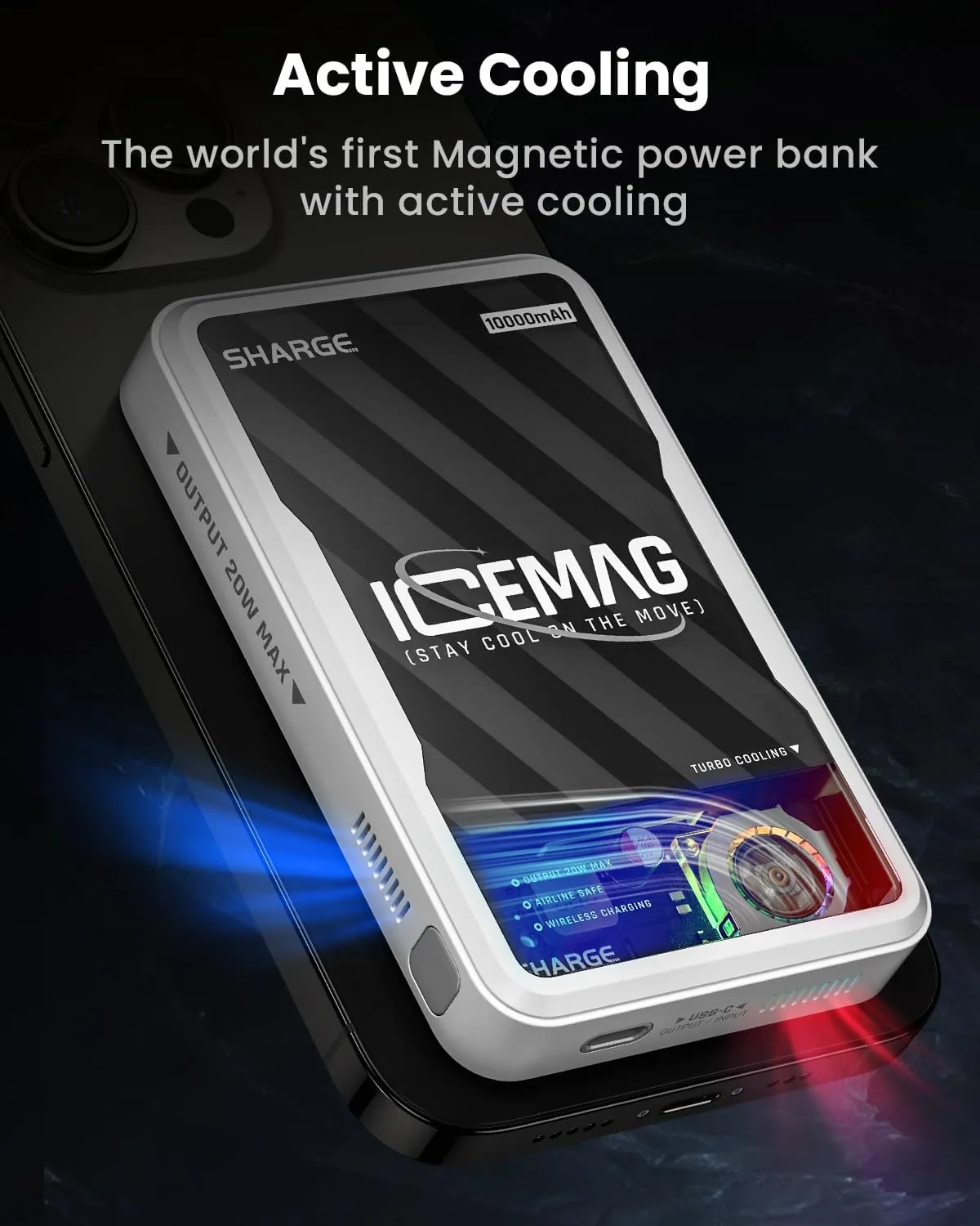 ICEMAG Magnetic Power Bank, World's First 10000mAh Battery Pack with Active Cooling for MagSafe, Transparent Portable Charger with 20W USB-C Input/Output for iPhone16/15 Pro Max/ 14 Pro Max