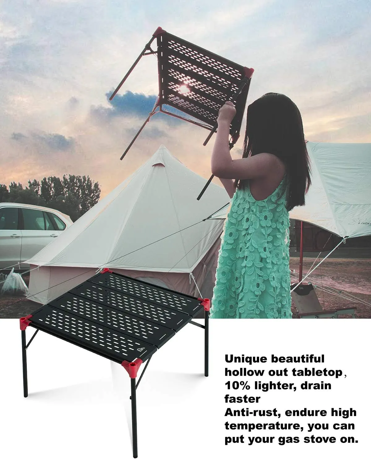 iClimb Extendable Folding Table Large Tabletop Area Ultralight Compact with Hollow Out Tabletop for Camping Backpacking Beach Concert BBQ Party, Three Size (Black - S   Hanger)