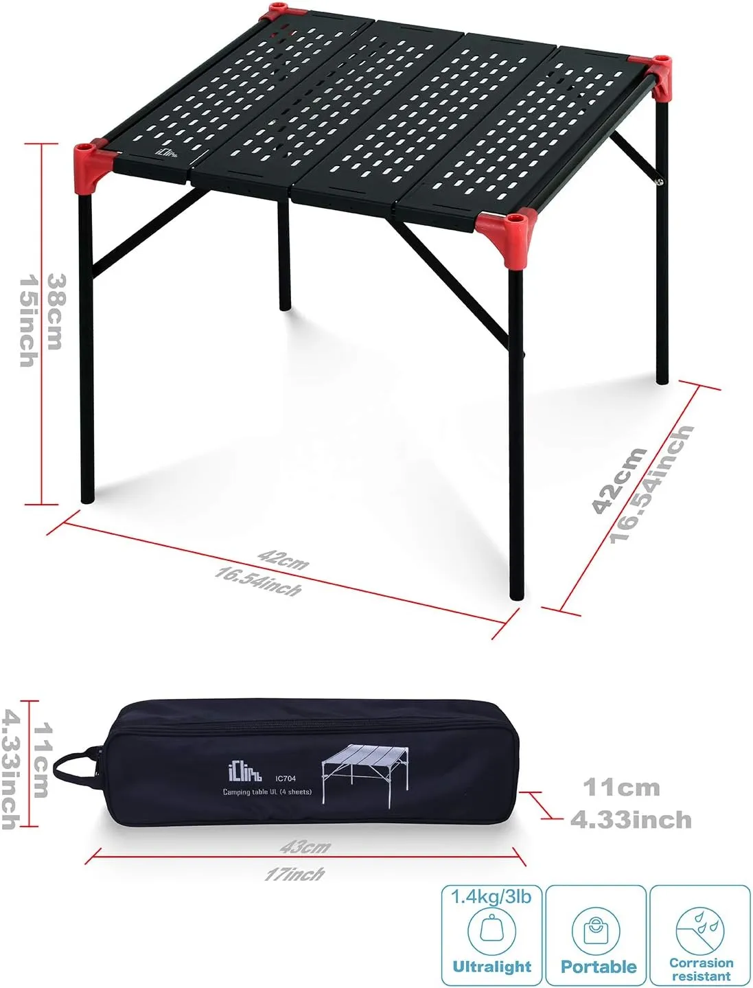 iClimb Extendable Folding Table Large Tabletop Area Ultralight Compact with Hollow Out Tabletop for Camping Backpacking Beach Concert BBQ Party, Three Size (Black - S   Hanger)