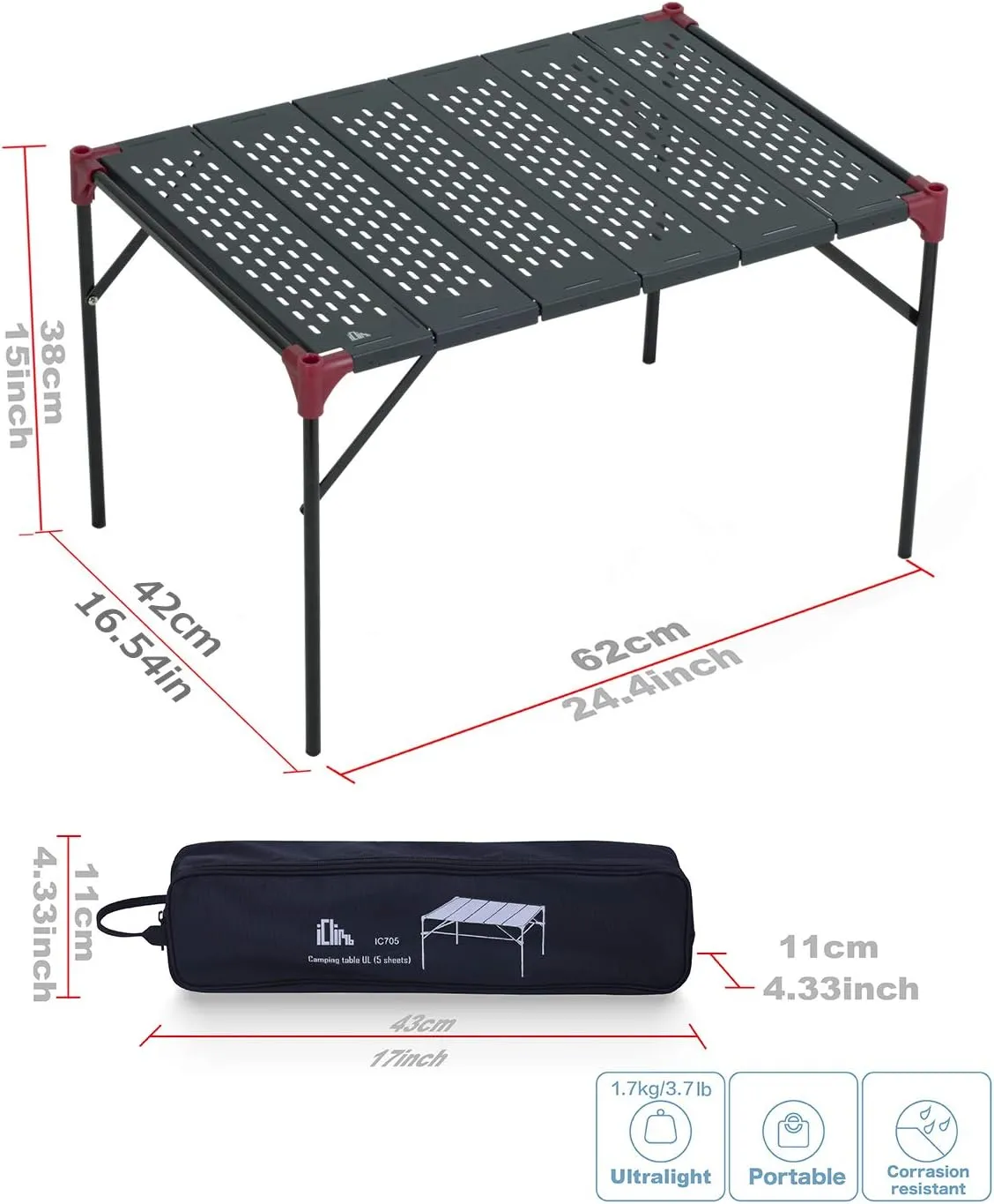 iClimb Extendable Folding Table Large Tabletop Area Ultralight Compact with Hollow Out Tabletop for Camping Backpacking Beach Concert BBQ Party, Three Size (Black - XL   Hanger)