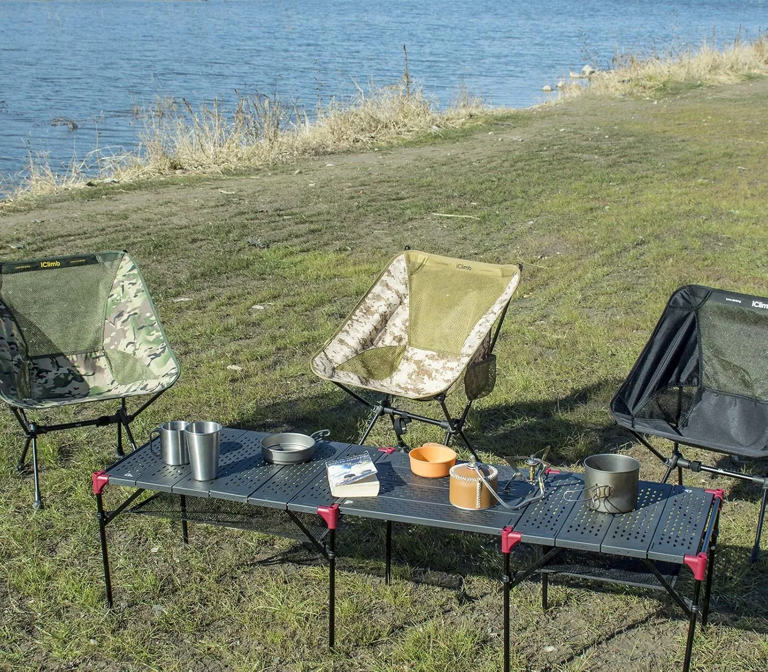 iClimb Extendable Folding Table Large Tabletop Area Ultralight Compact with Hollow Out Tabletop for Camping Backpacking Beach Concert BBQ Party, Three Size (Black - XL   Hanger)