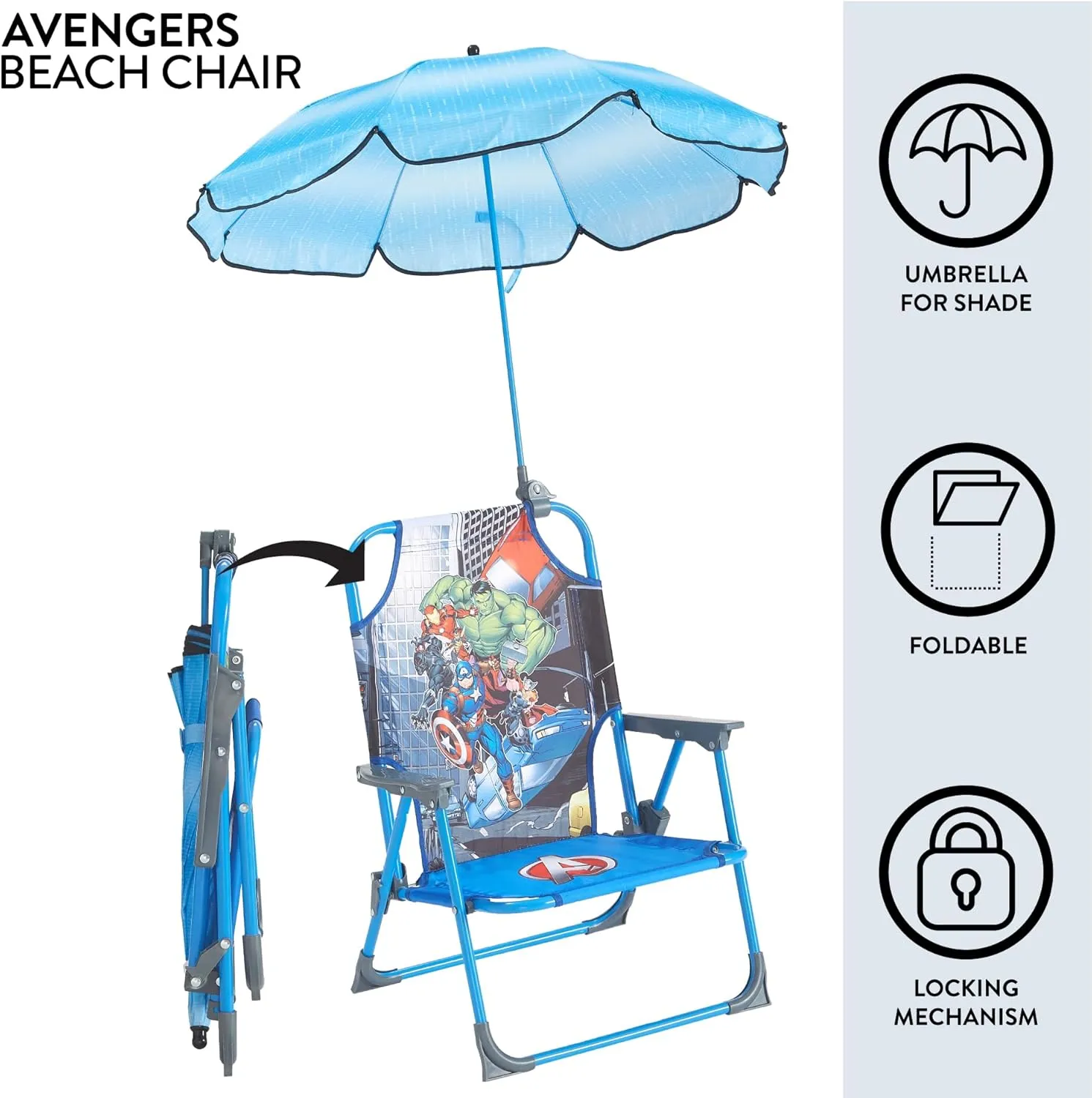 Idea Nuova Marvel Avengers Kids Outdoor Folding Beach Chair with Umbrella,Portable Camp Chair for Ages 3 , Lightweight & Compact for Beach, Camping, and Backyard