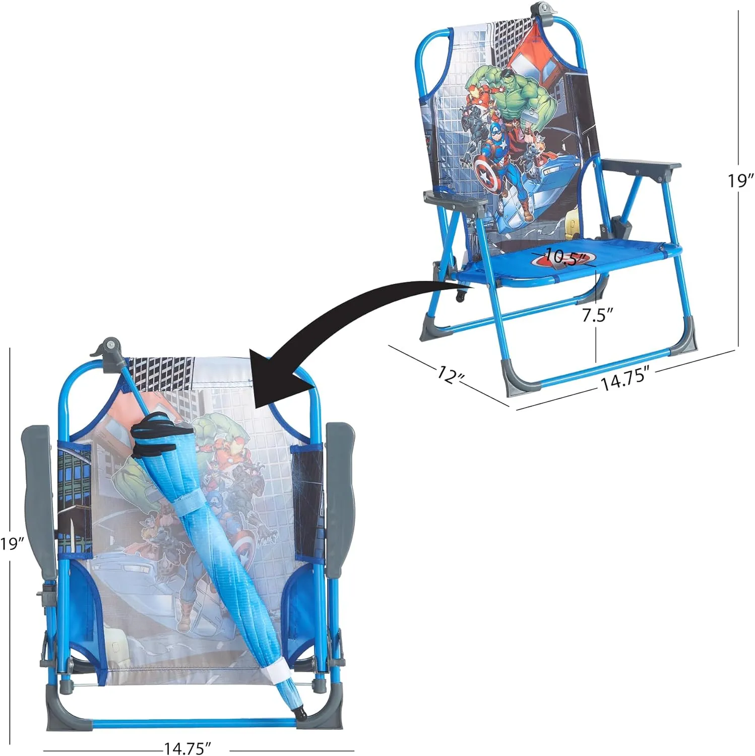 Idea Nuova Marvel Avengers Kids Outdoor Folding Beach Chair with Umbrella,Portable Camp Chair for Ages 3 , Lightweight & Compact for Beach, Camping, and Backyard