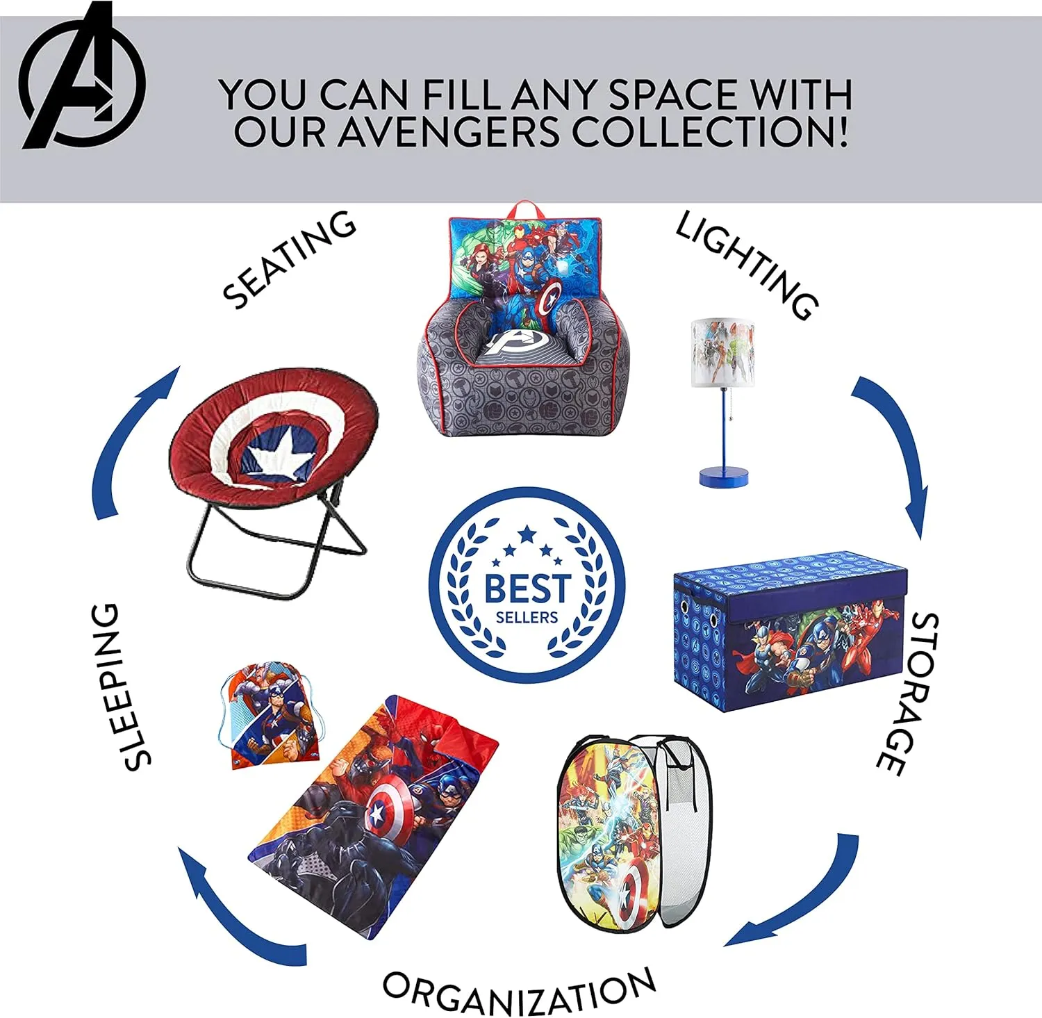 Idea Nuova Marvel Avengers Toddler Nylon Bean Bag Chair with Piping & Top Carry Handle, Large